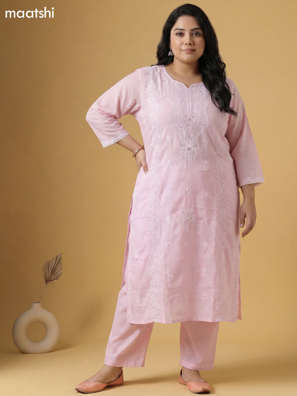 Baby Pink Cotton Chikankari Embroidery Work Straight Suit