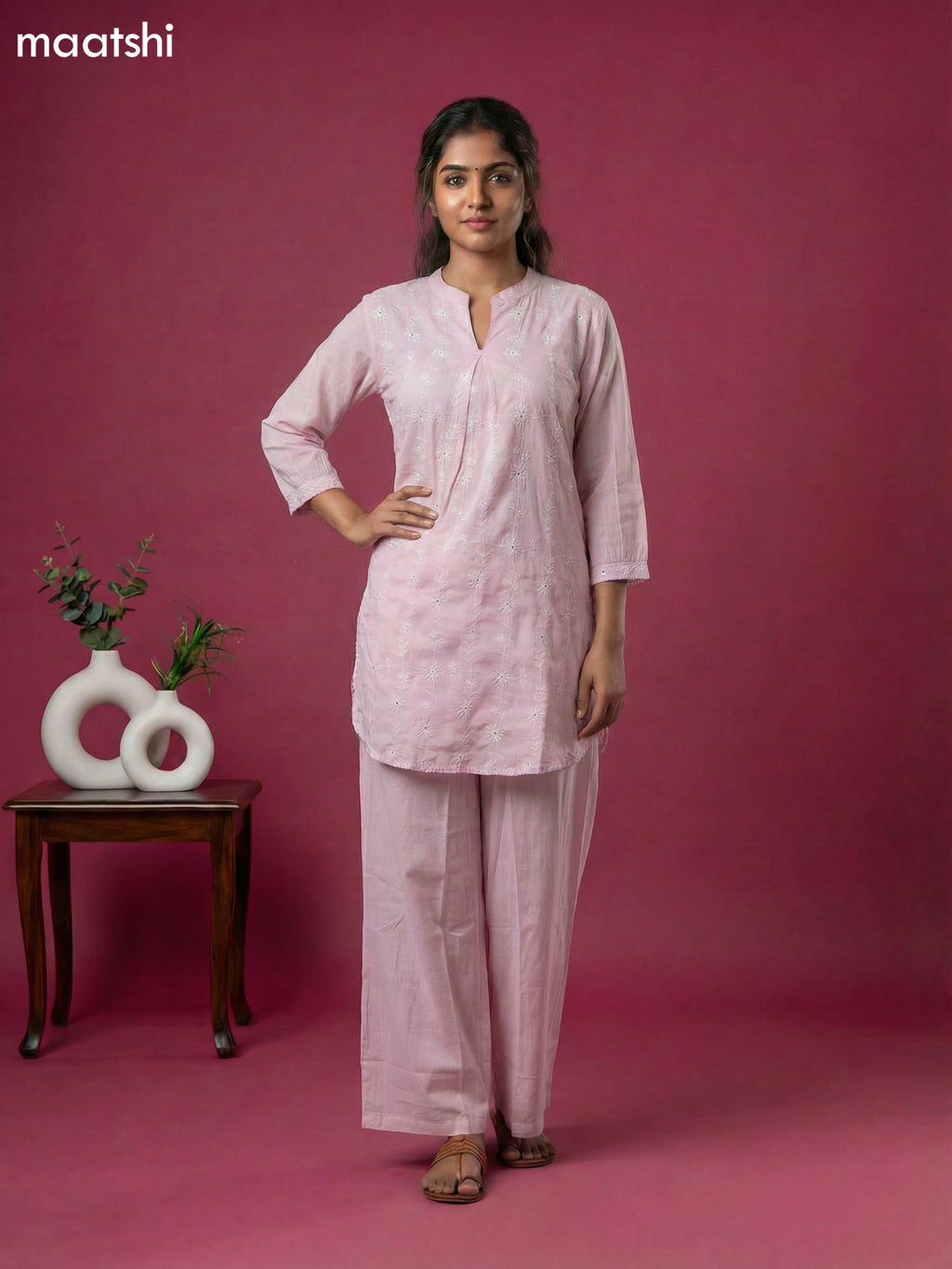 Baby Pink Cotton Embroidery Work Short Co-Ord Set