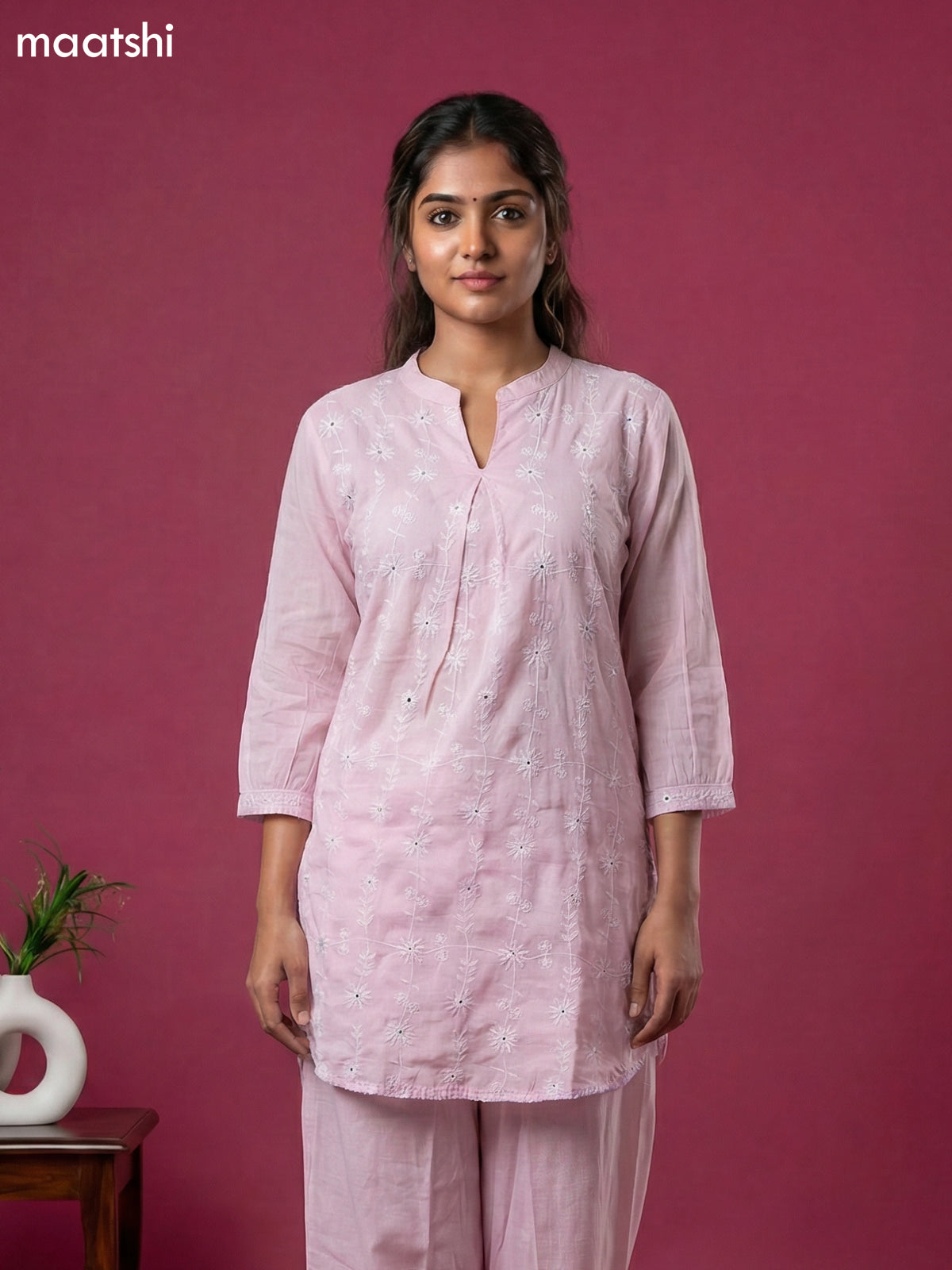 Baby Pink Cotton Embroidery Work Short Co-Ord Set