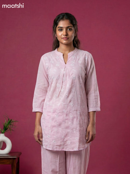 Baby Pink Cotton Embroidery Work Short Co-Ord Set