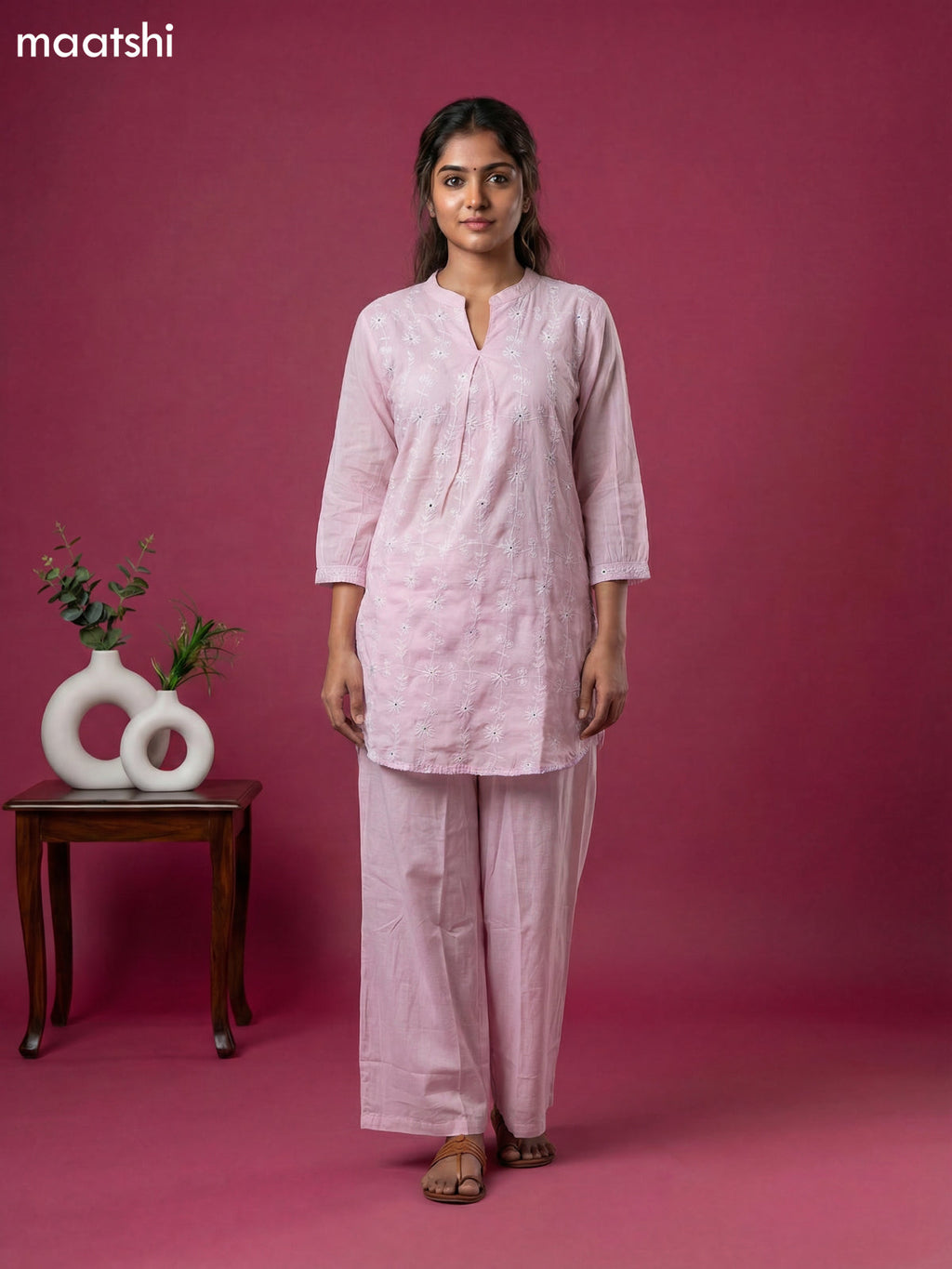 Baby Pink Cotton Embroidery Work Short Co-Ord Set
