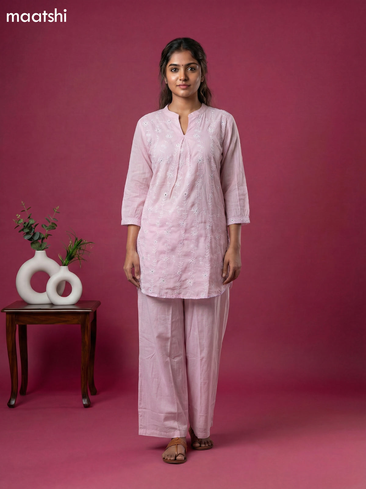 Baby Pink Cotton Embroidery Work Short Co-Ord Set