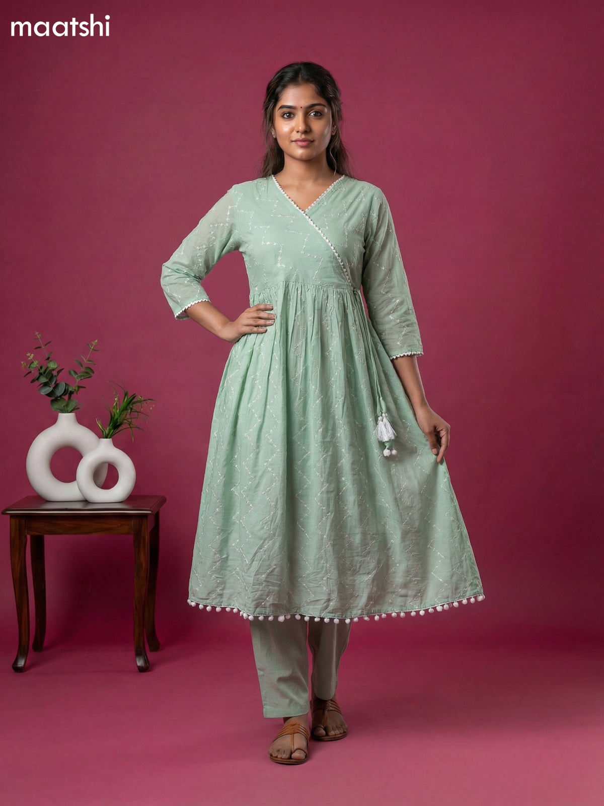 Pastel Green Cotton Embroidery Work Anarkali Suit
