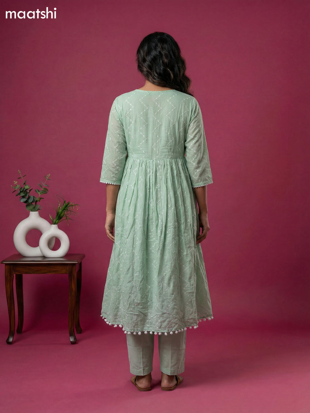 Pastel Green Cotton Embroidery Work Anarkali Suit