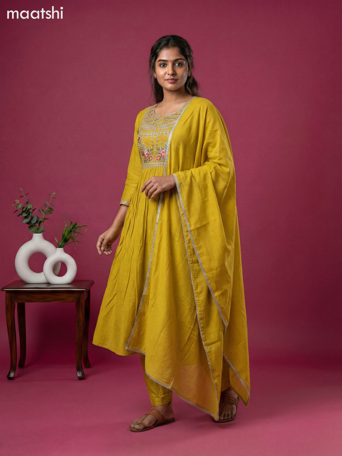 Mustard Yellow Mul Chanderi Embroidery Work Anarkali Suit