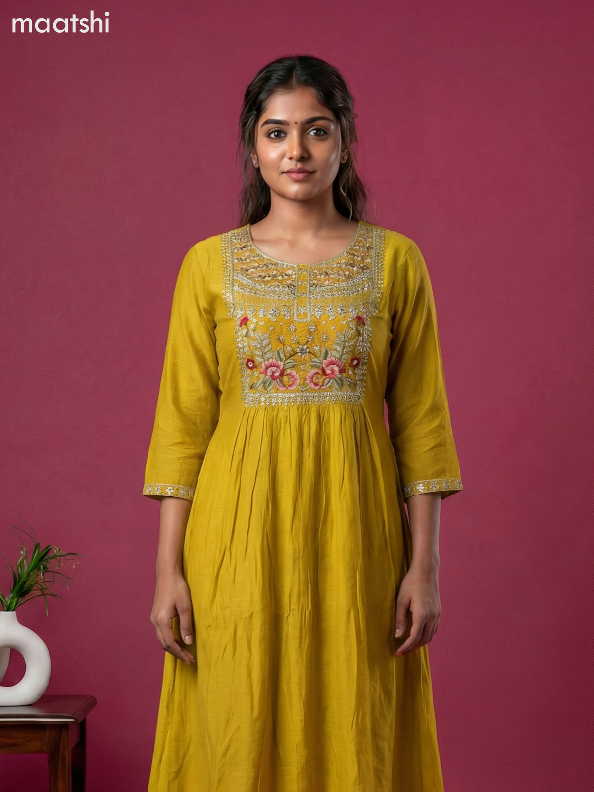 Mustard Yellow Mul Chanderi Embroidery Work Anarkali Suit