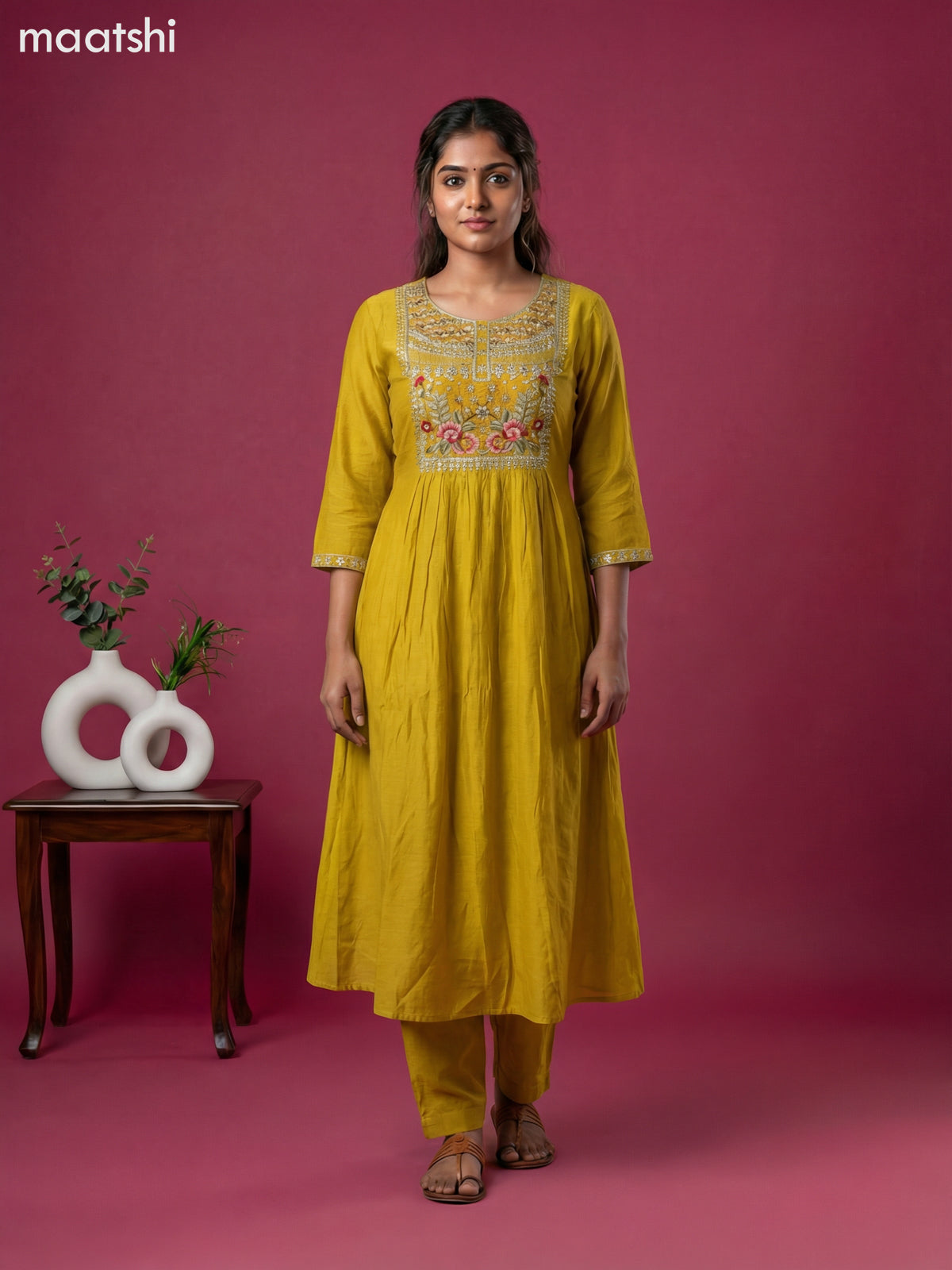 Mustard Yellow Mul Chanderi Embroidery Work Anarkali Suit