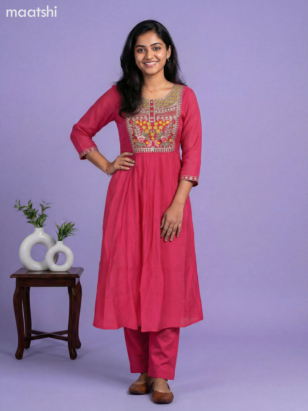 Pink Mul Chanderi Embroidery Work Anarkali Suit