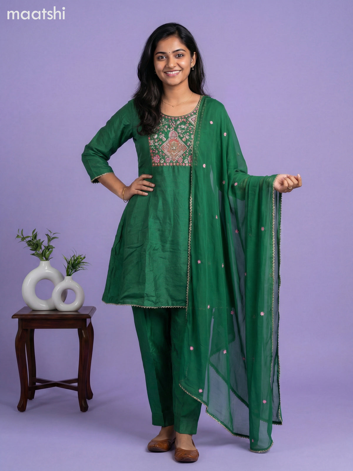 Green Art Tussar Embroidery Work Short Anarkali Suit
