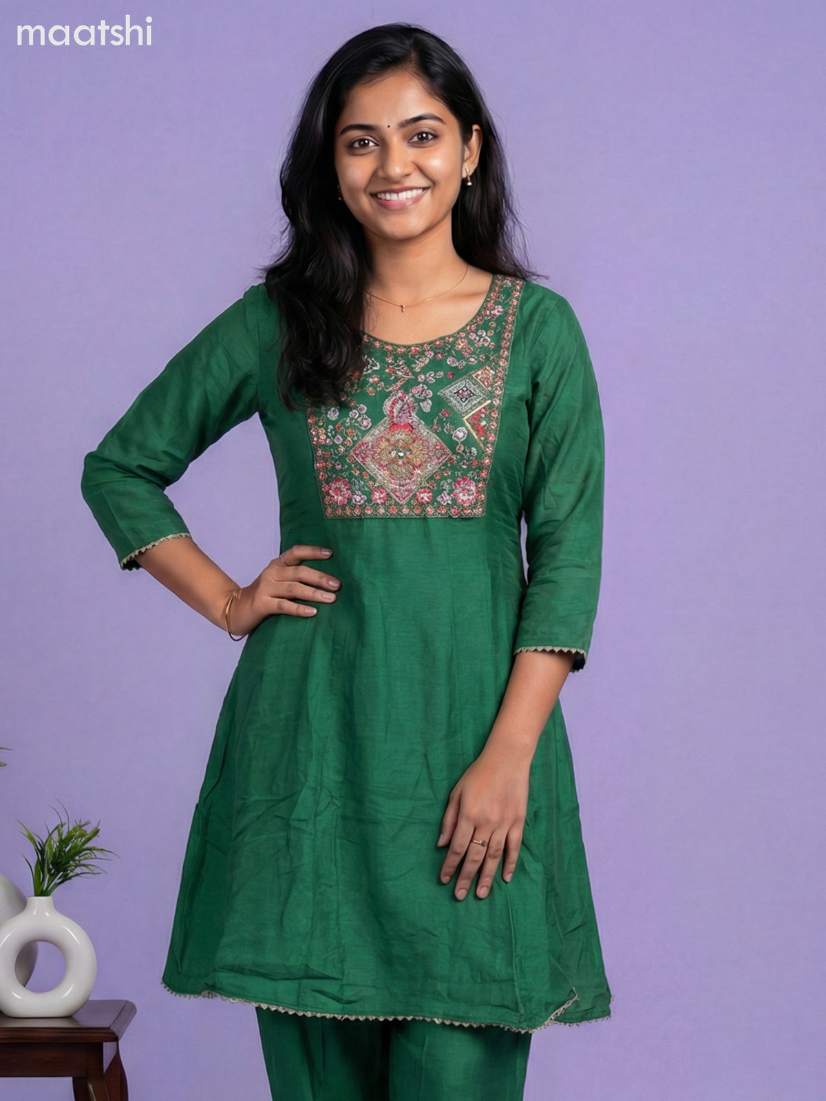 Green Art Tussar Embroidery Work Short Anarkali Suit