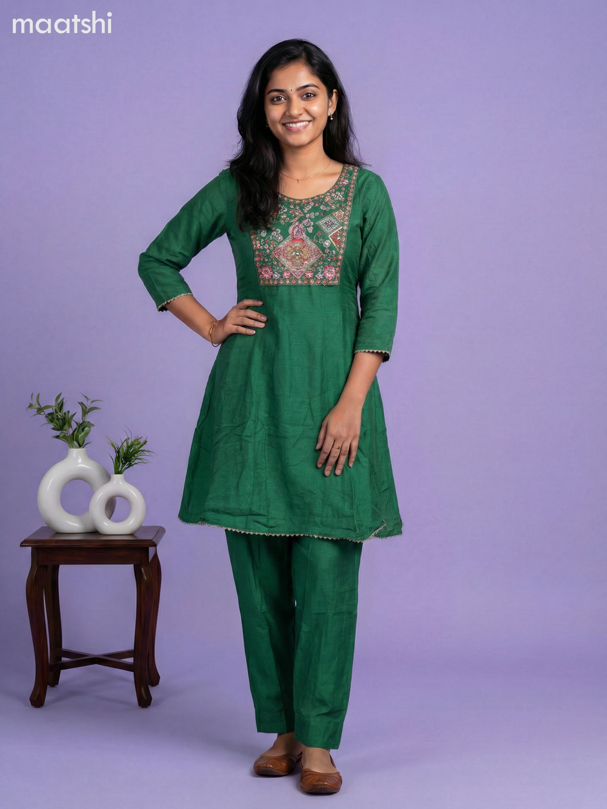 Green Art Tussar Embroidery Work Short Anarkali Suit