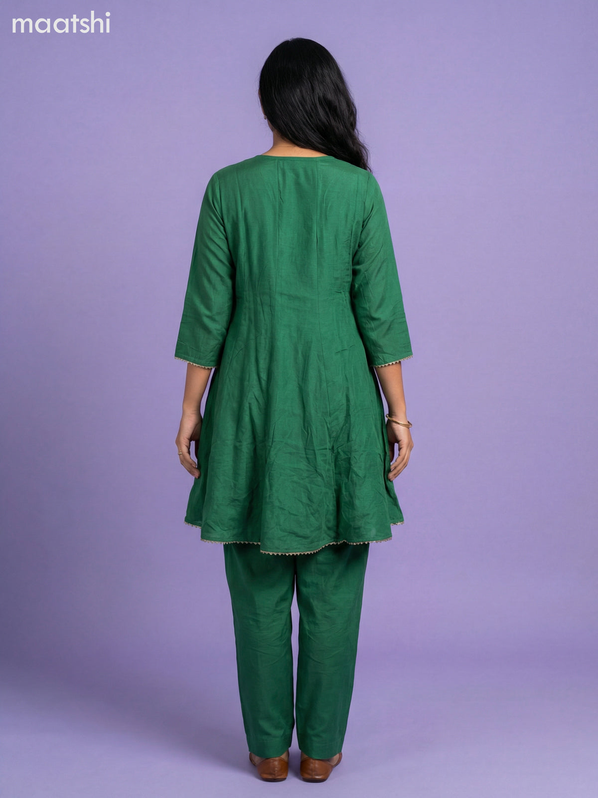 Green Art Tussar Embroidery Work Short Anarkali Suit