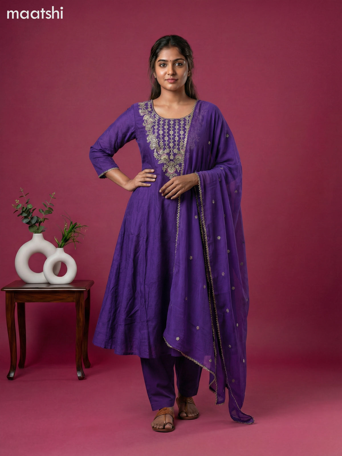 Violet Art Tussar Embroidery Work Short Anarkali Suit