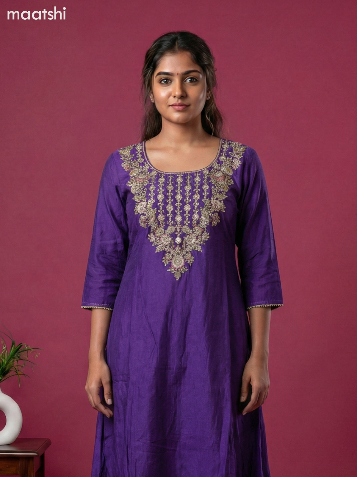 Violet Art Tussar Embroidery Work Short Anarkali Suit