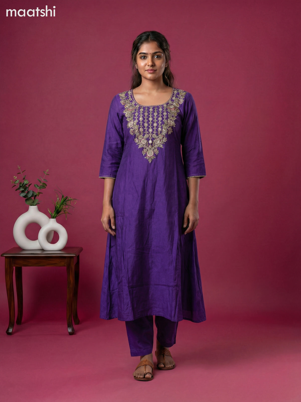 Violet Art Tussar Embroidery Work Short Anarkali Suit