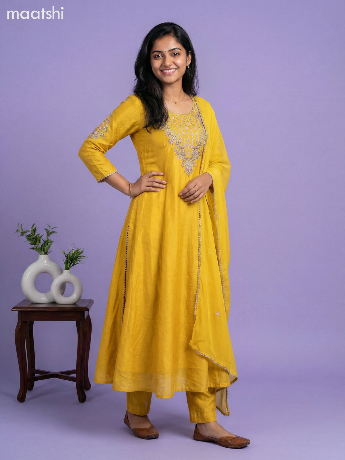 Yellow Art Tussar Embroidery Work Short Anarkali Suit