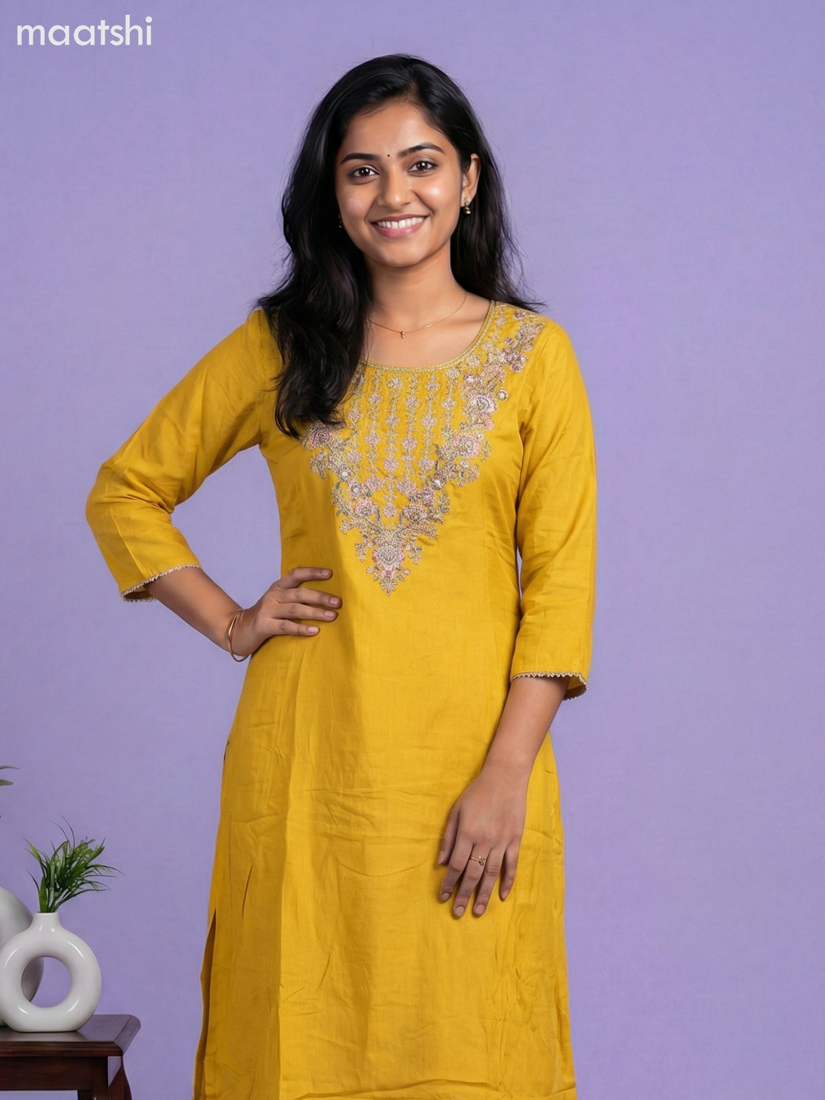 Yellow Art Tussar Embroidery Work Short Anarkali Suit