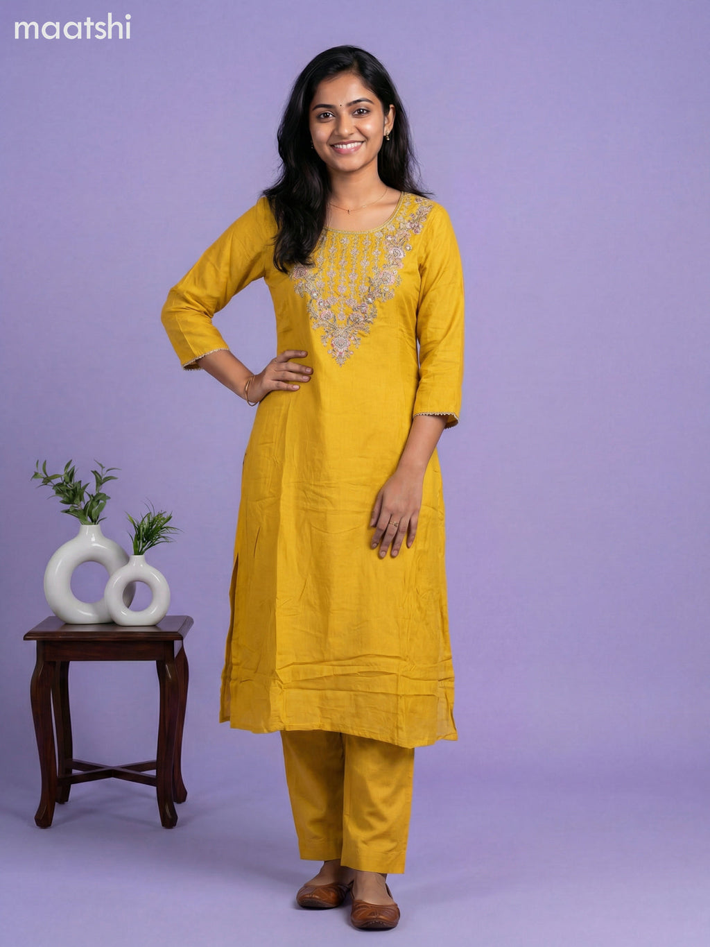 Yellow Art Tussar Embroidery Work Anarkali Suit