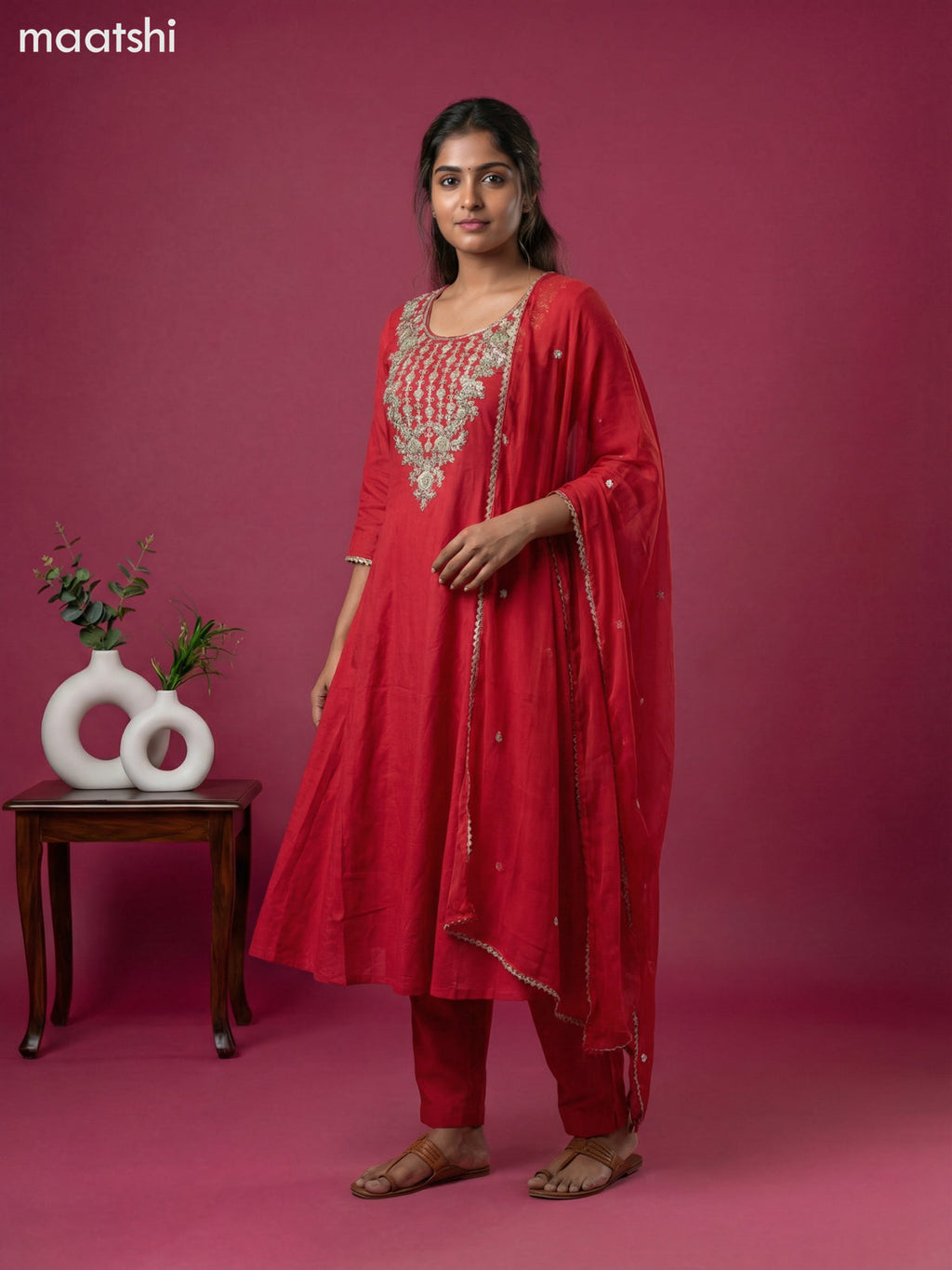 Red Art Tussar Embroidery Work Anarkali Suit
