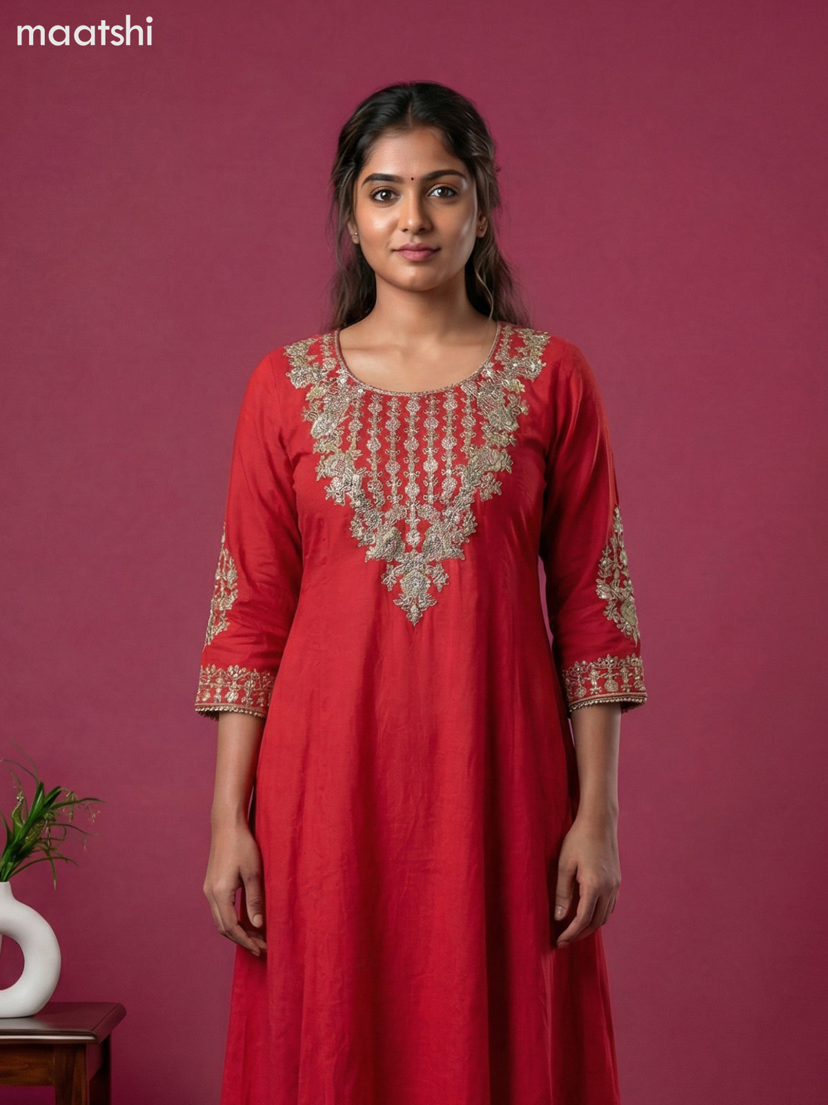 Red Art Tussar Embroidery Work Short Anarkali Suit