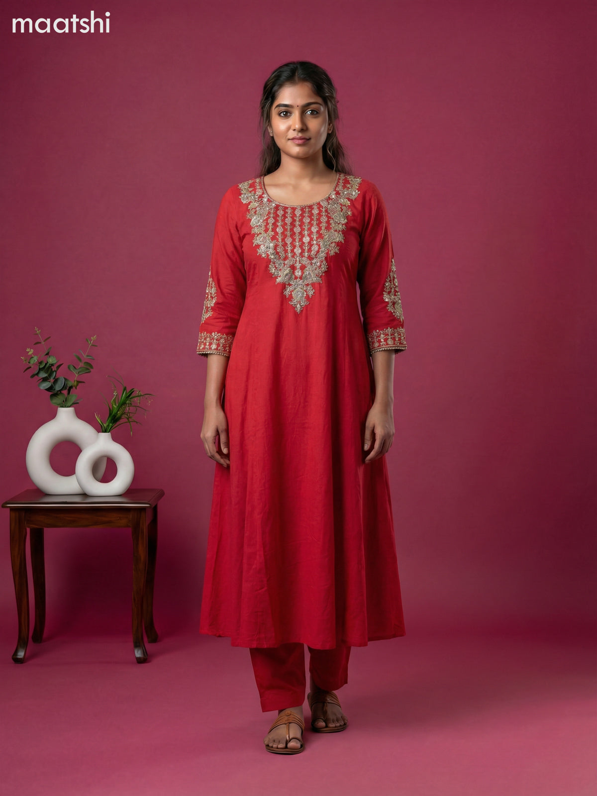 Red Art Tussar Embroidery Work Short Anarkali Suit