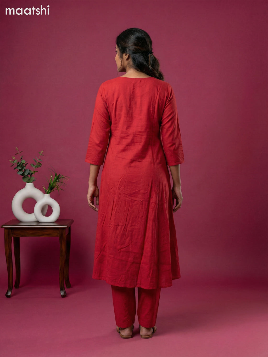 Red Art Tussar Embroidery Work Anarkali Suit