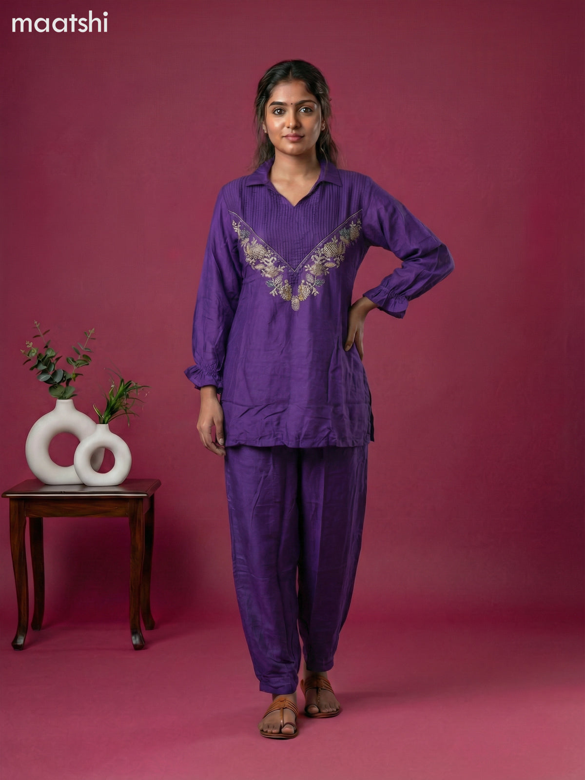 Violet Art Tussar Embroidery Work Co-Ord Set