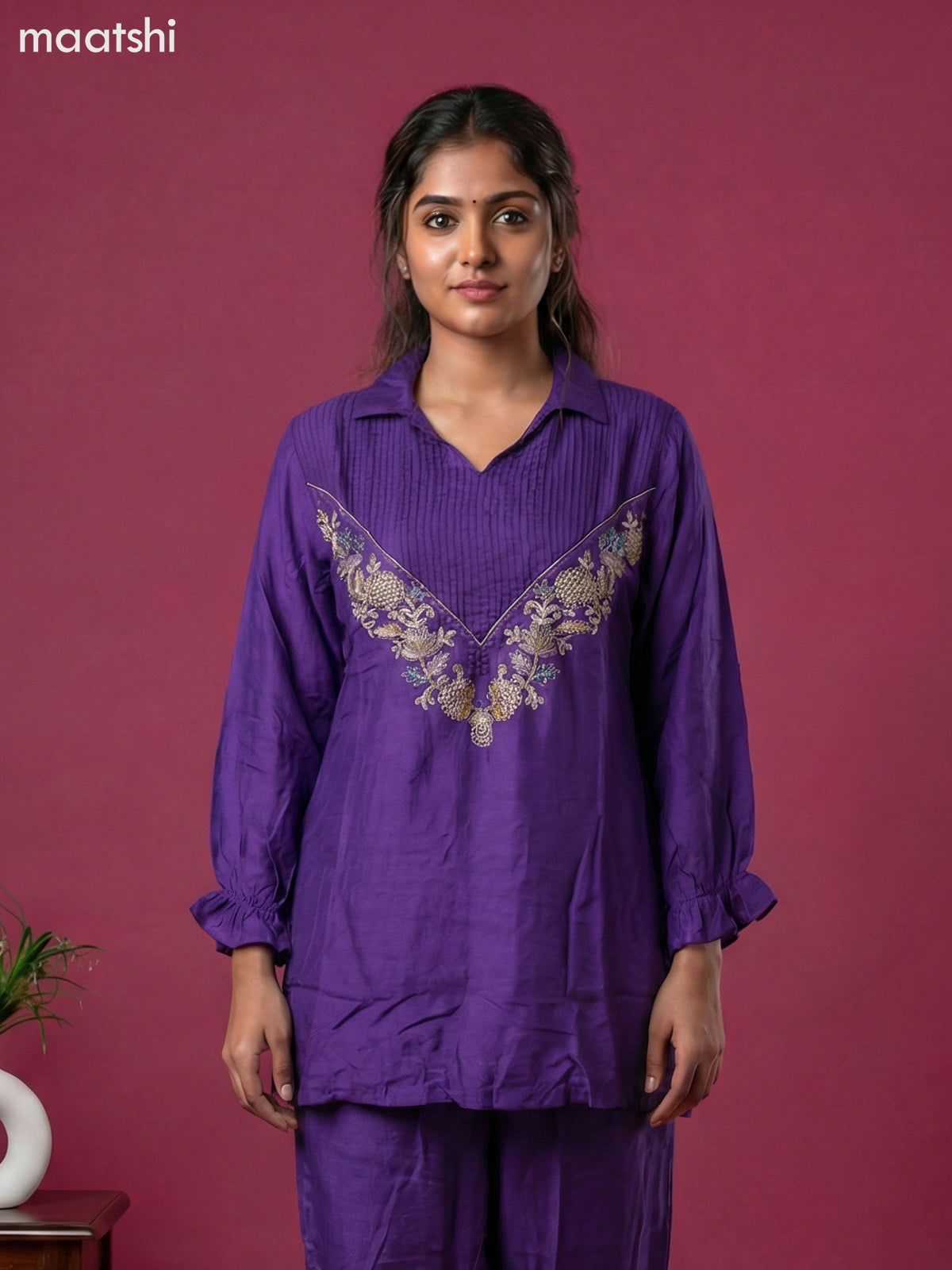 Violet Art Tussar Embroidery Work Co-Ord Set