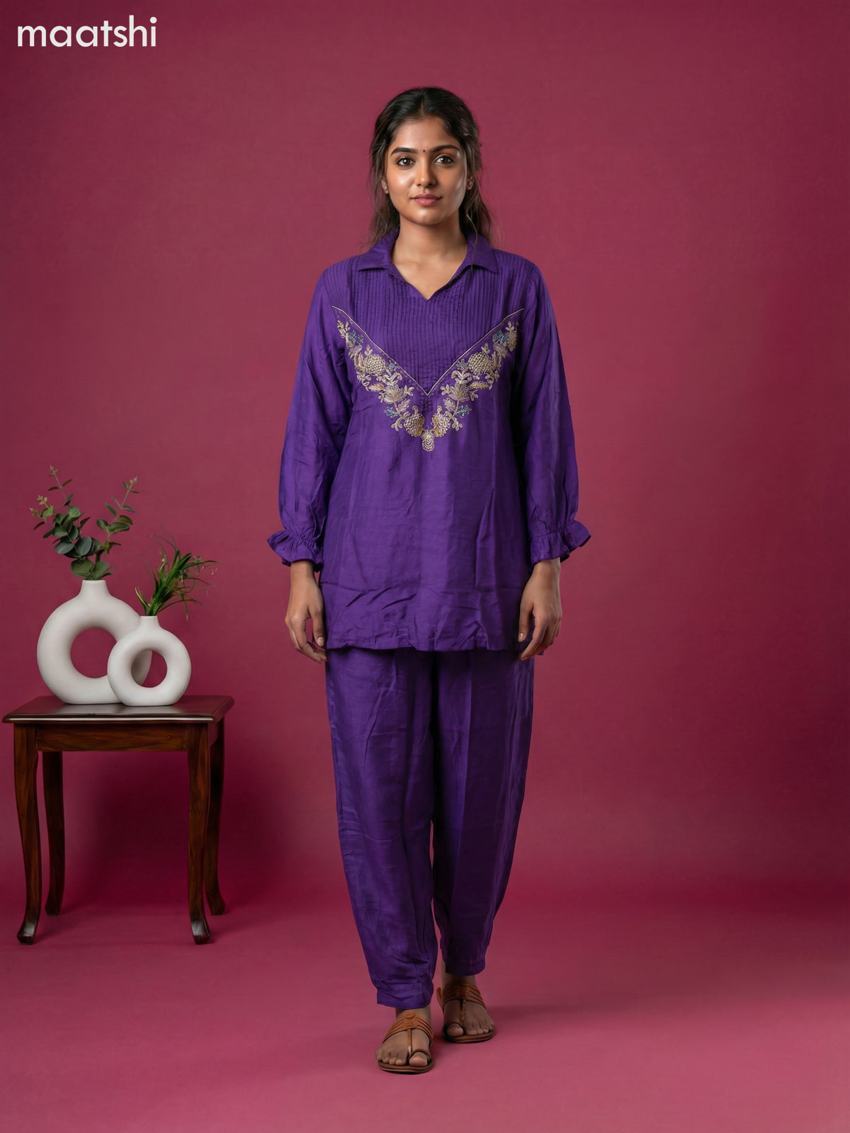 Violet Art Tussar Embroidery Work Co-Ord Set