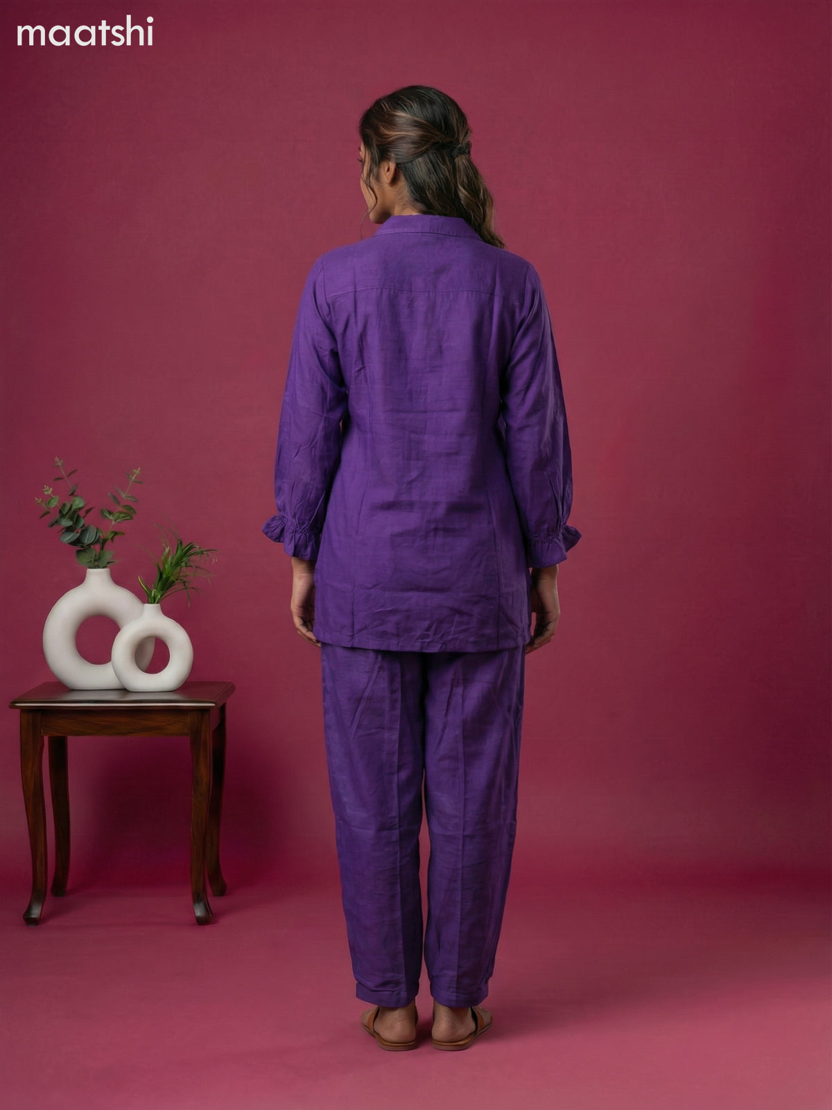Violet Art Tussar Embroidery Work Co-Ord Set