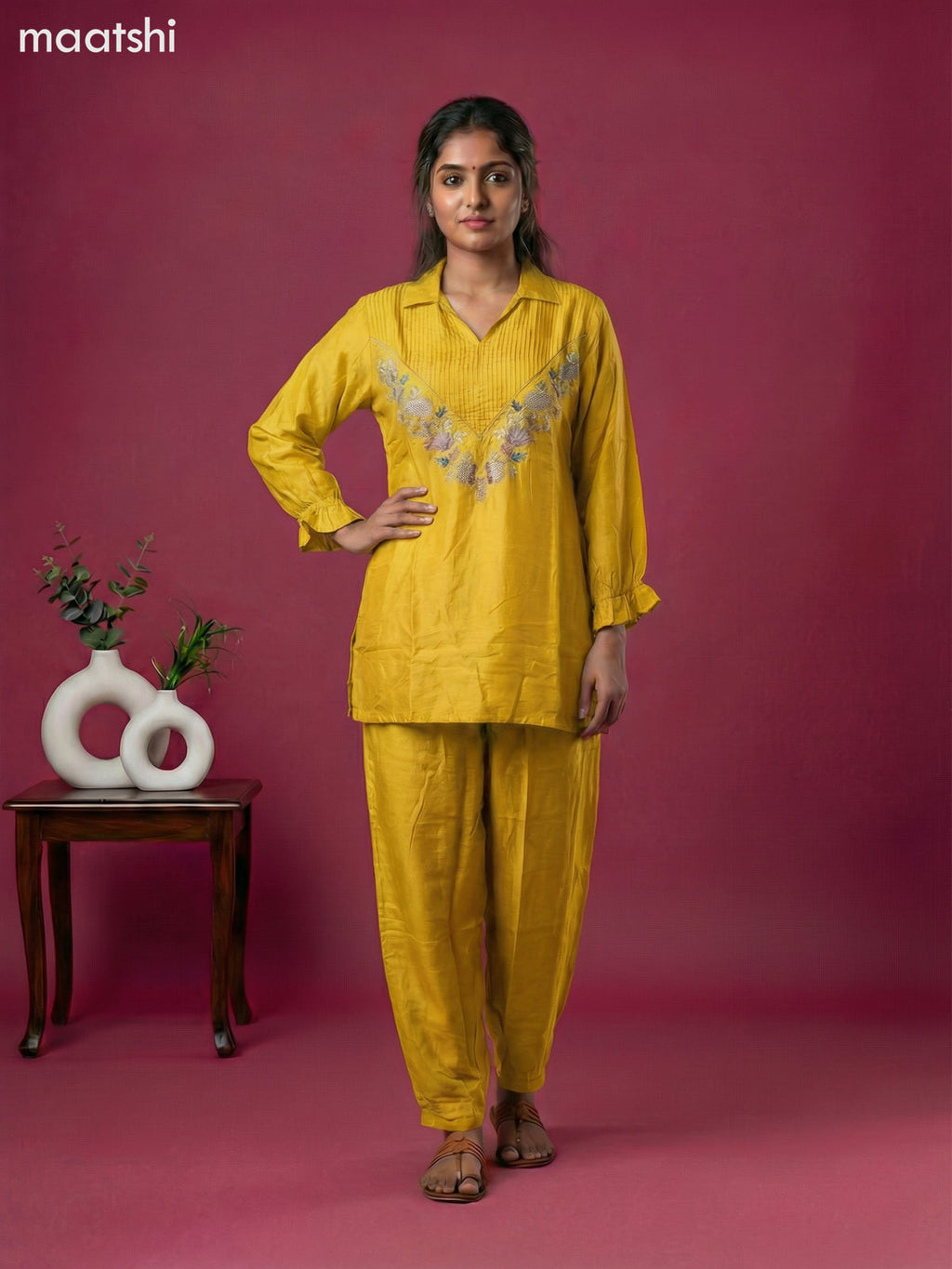 Yellow Art Tussar Embroidery Work Co-Ord Set