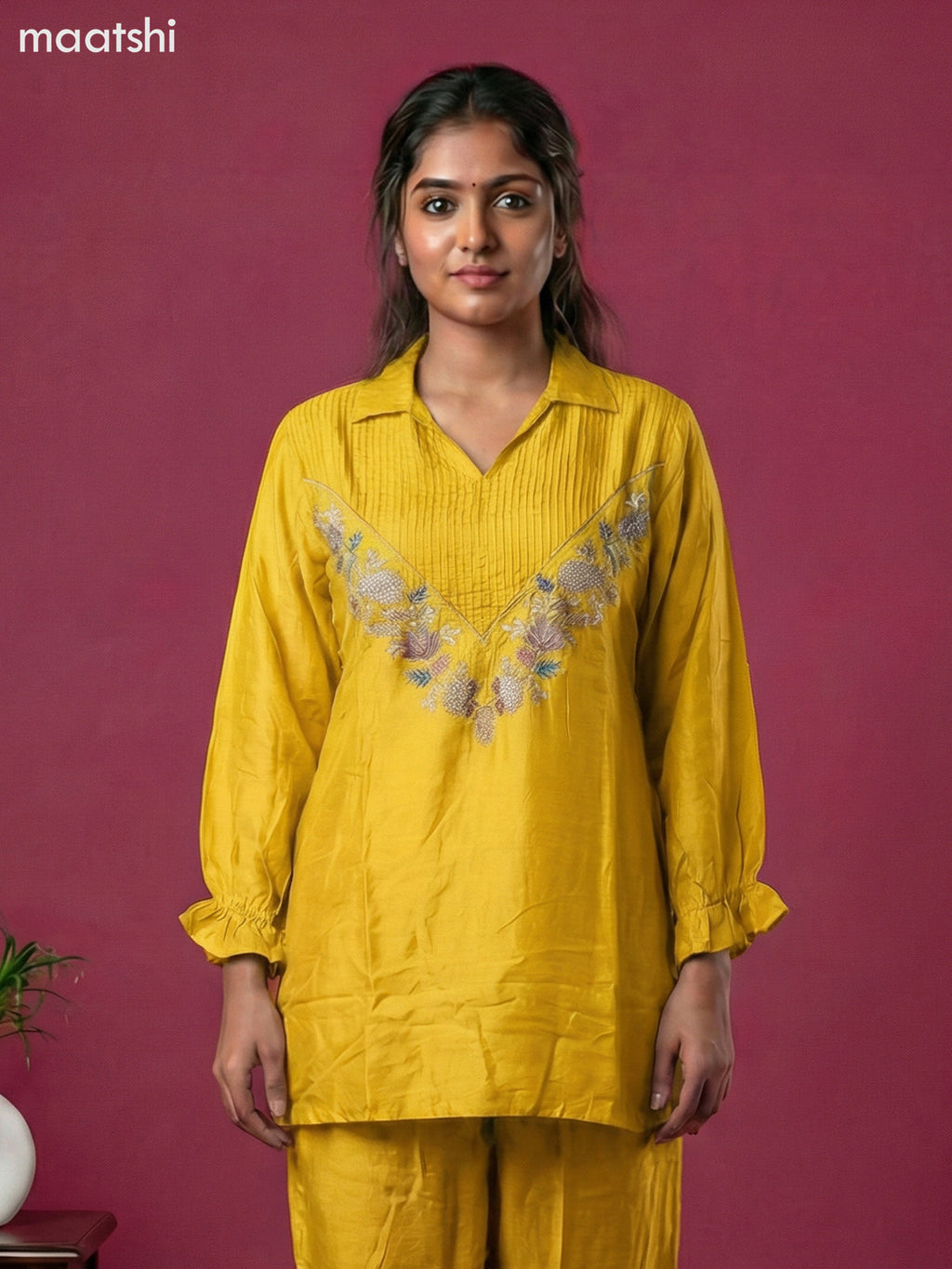 Yellow Art Tussar Embroidery Work Co-Ord Set