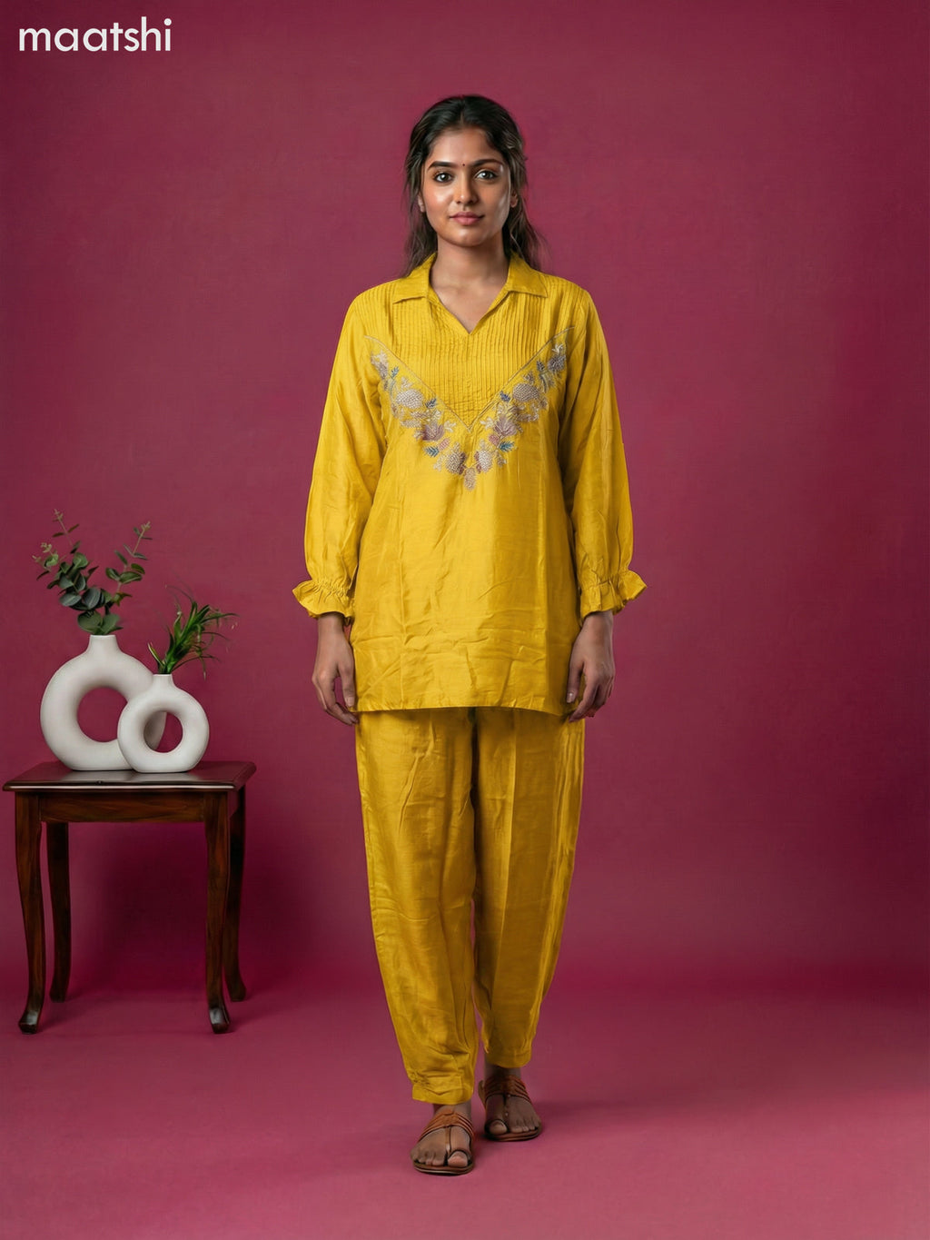 Yellow Art Tussar Embroidery Work Co-Ord Set