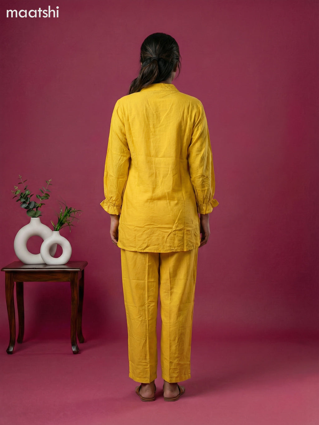 Yellow Art Tussar Embroidery Work Co-Ord Set