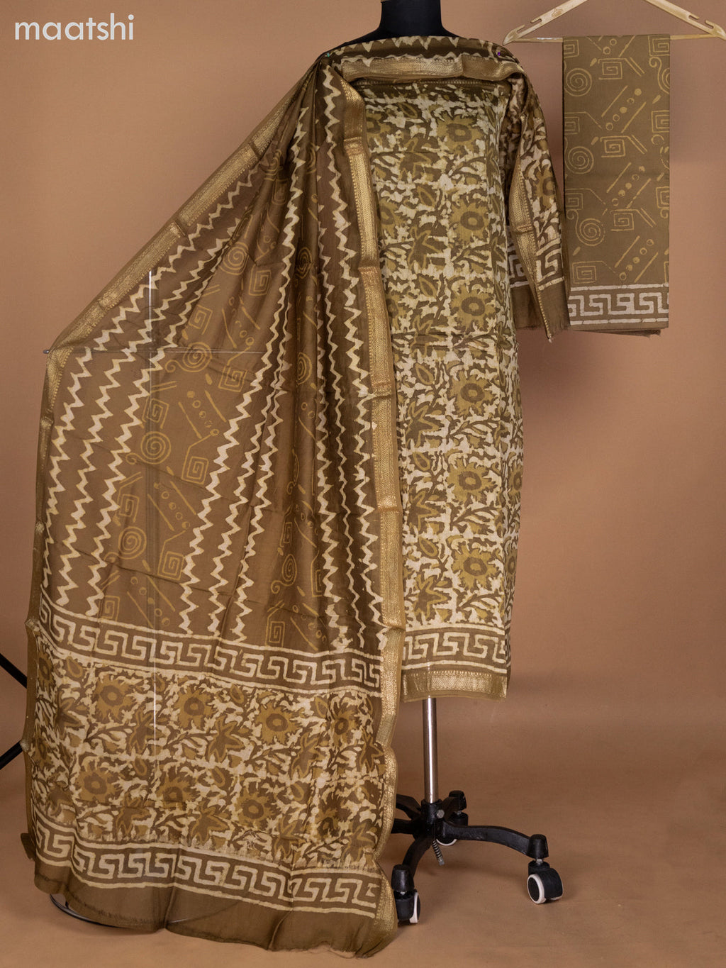 Beige and Mehendi Green Chanderi Dress Material With Allover Prints and Maheshwari Zari Border