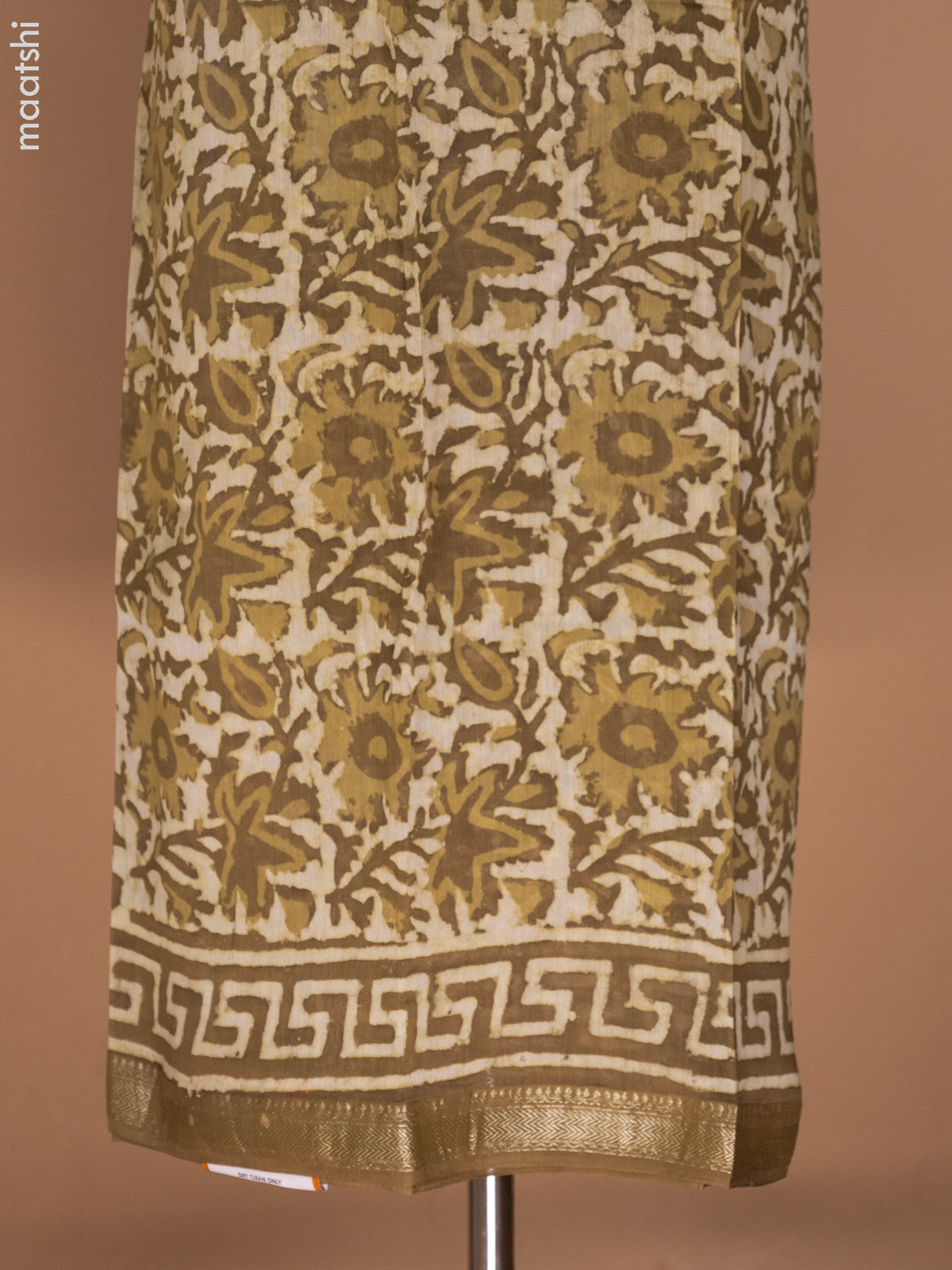 Beige and Mehendi Green Chanderi Dress Material With Allover Prints and Maheshwari Zari Border