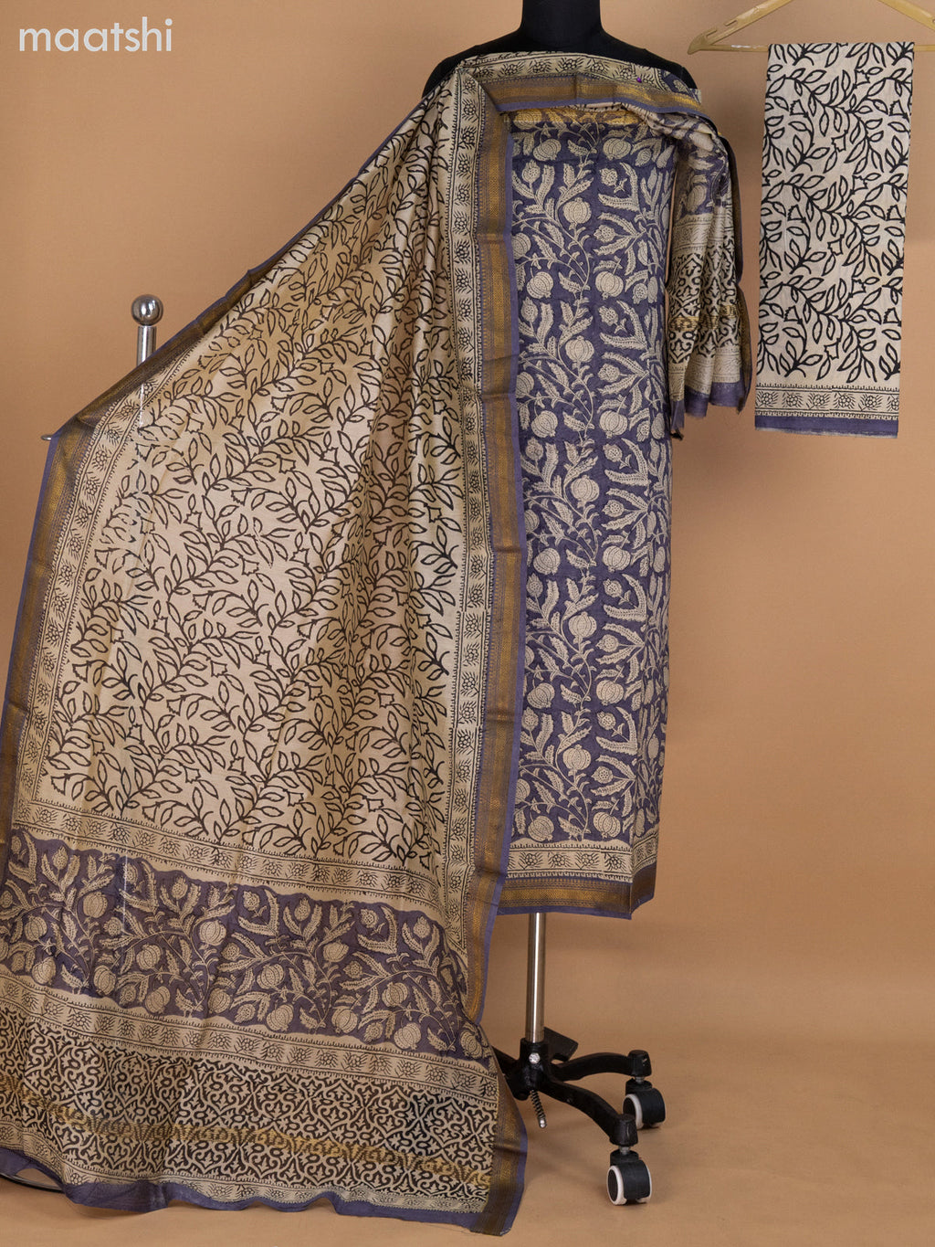Grey and Beige Chanderi Dress Material With Allover Prints and Maheshwari Zari Border