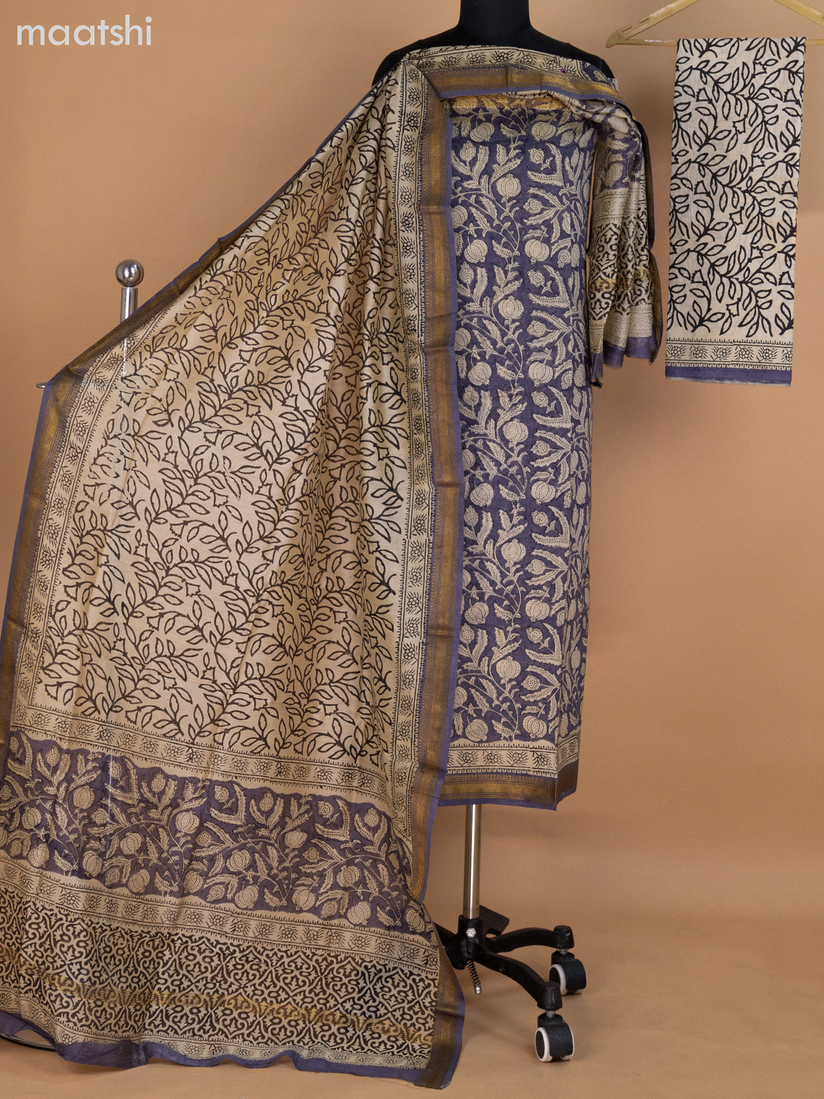 Grey and Beige Chanderi Dress Material With Allover Prints and Maheshwari Zari Border