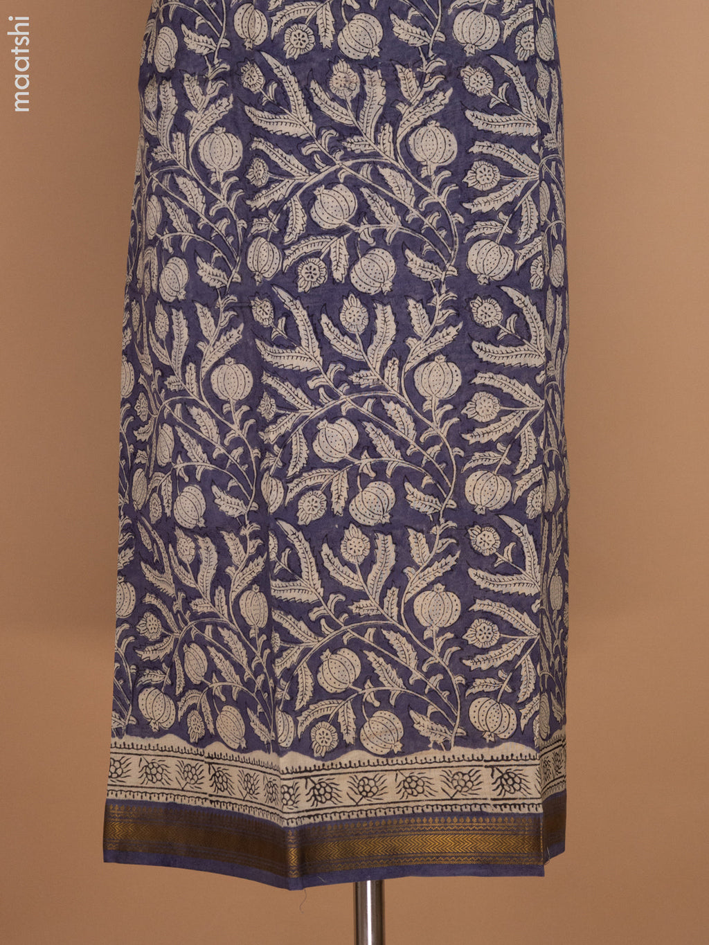 Grey and Beige Chanderi Dress Material With Allover Prints and Maheshwari Zari Border