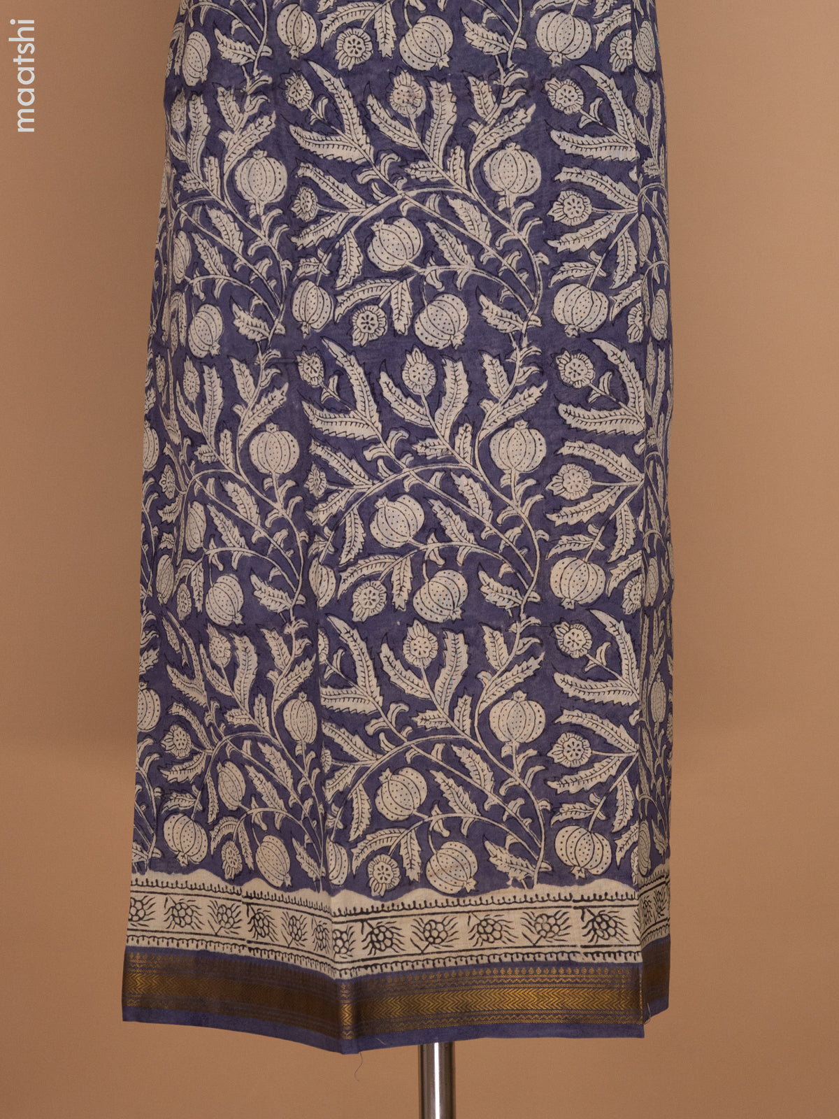 Grey and Beige Chanderi Dress Material With Allover Prints and Maheshwari Zari Border