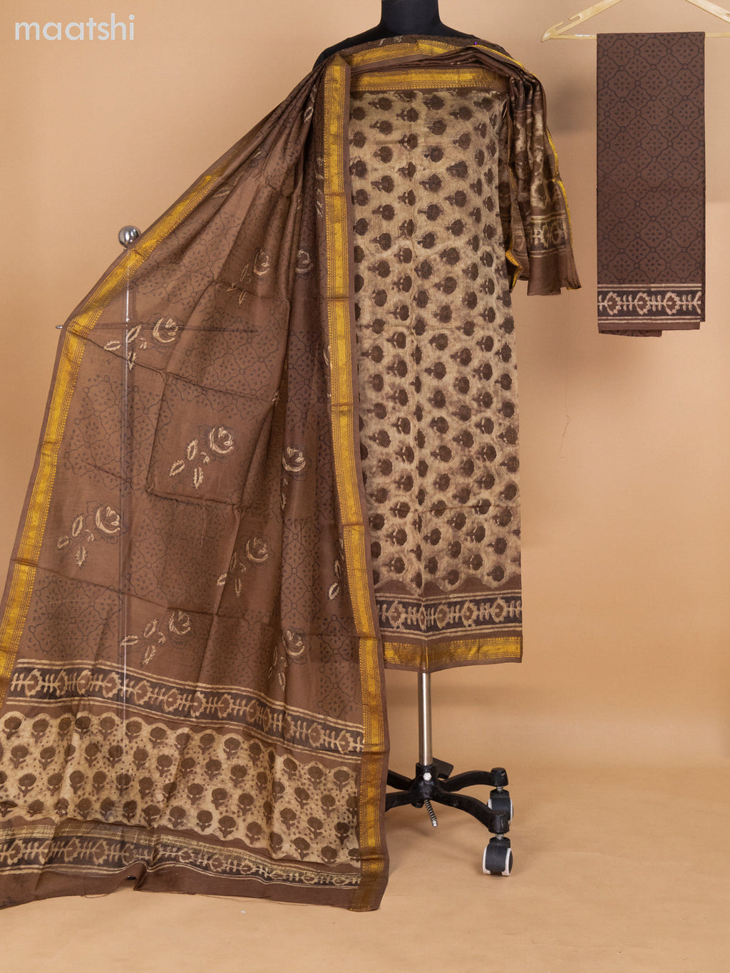 Beige and Brown Chanderi Dress Material With Allover Prints and Maheshwari Zari Border