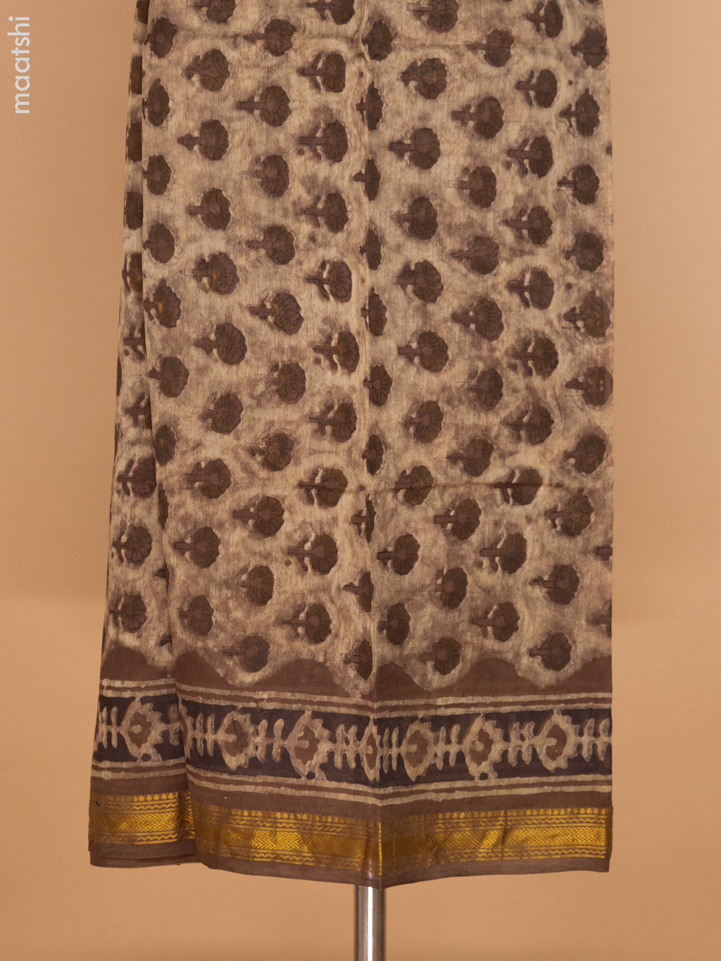 Beige and Brown Chanderi Dress Material With Allover Prints and Maheshwari Zari Border