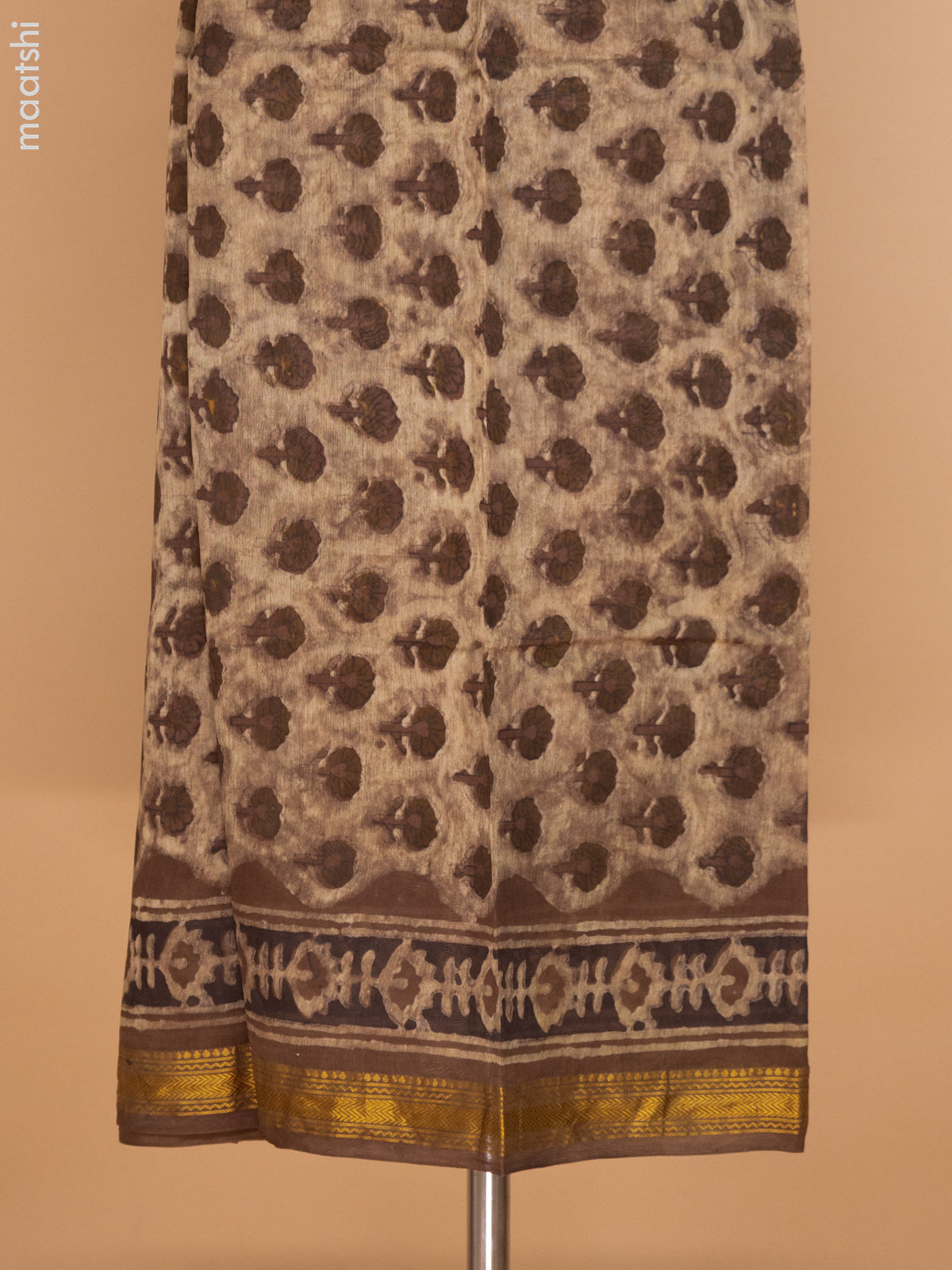 Beige and Brown Chanderi Dress Material With Allover Prints and Maheshwari Zari Border