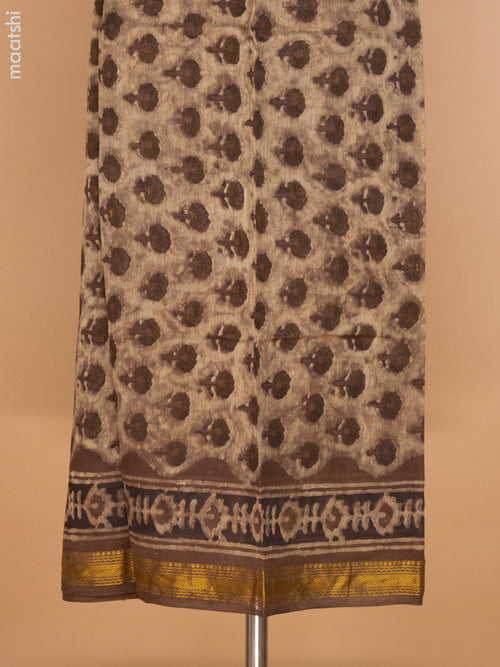 Beige and Brown Chanderi Dress Material With Allover Prints and Maheshwari Zari Border