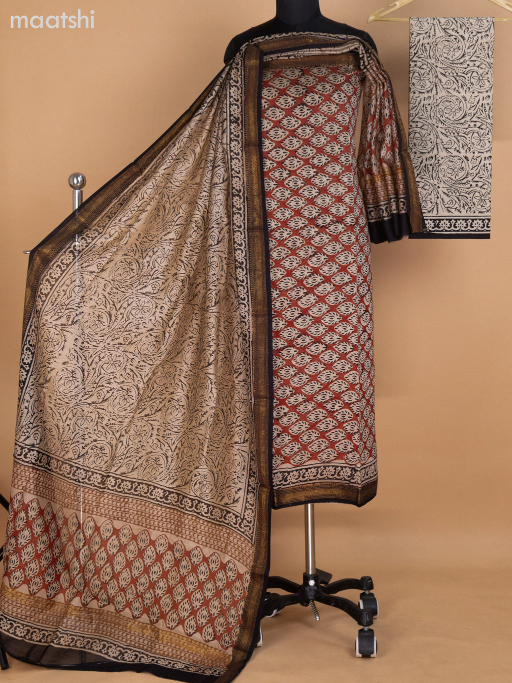 Brown and Beige Black Chanderi Dress Material With Allover Prints and Maheshwari Zari Border