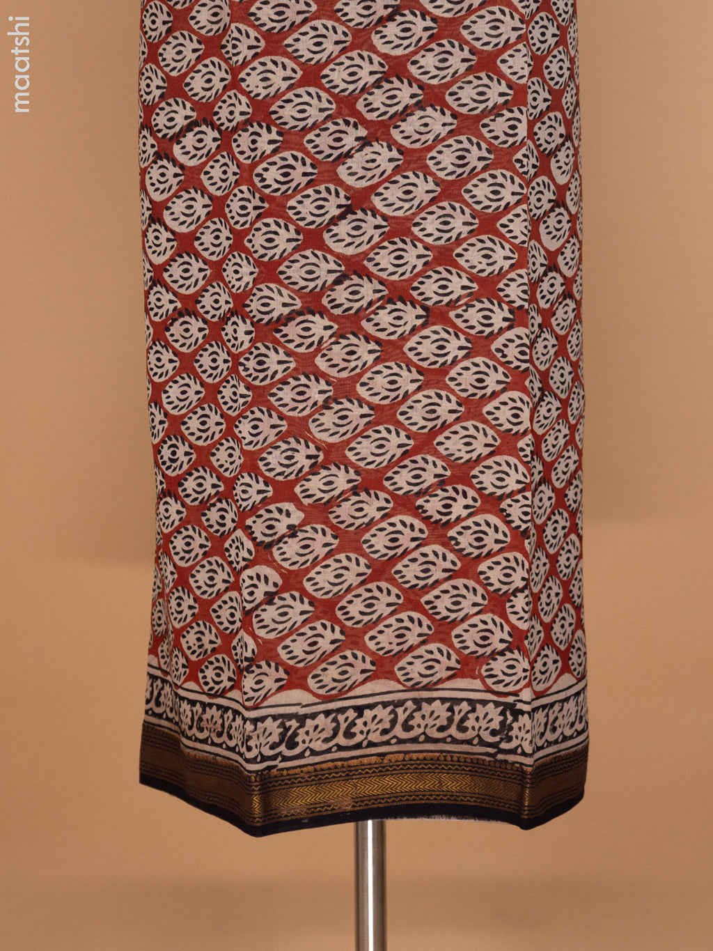 Brown and Beige Black Chanderi Dress Material With Allover Prints and Maheshwari Zari Border