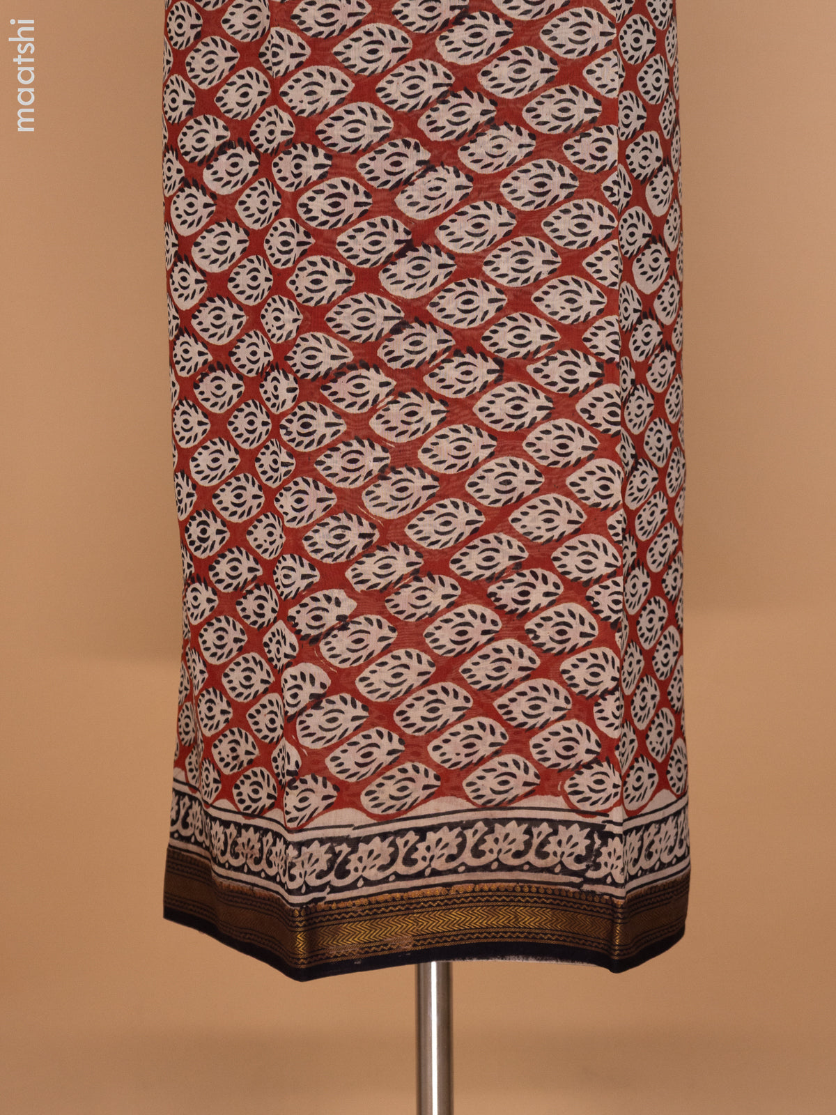 Brown and Beige Black Chanderi Dress Material With Allover Prints and Maheshwari Zari Border