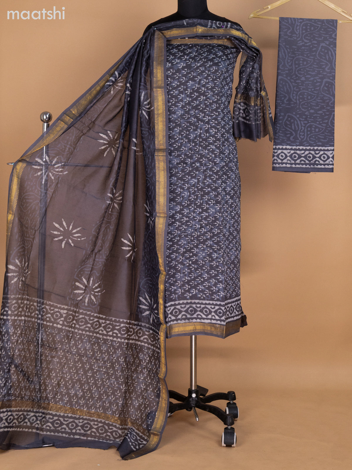 Dark Grey Chanderi Dress Material With Allover Dabu Prints and Maheshwari Zari Border