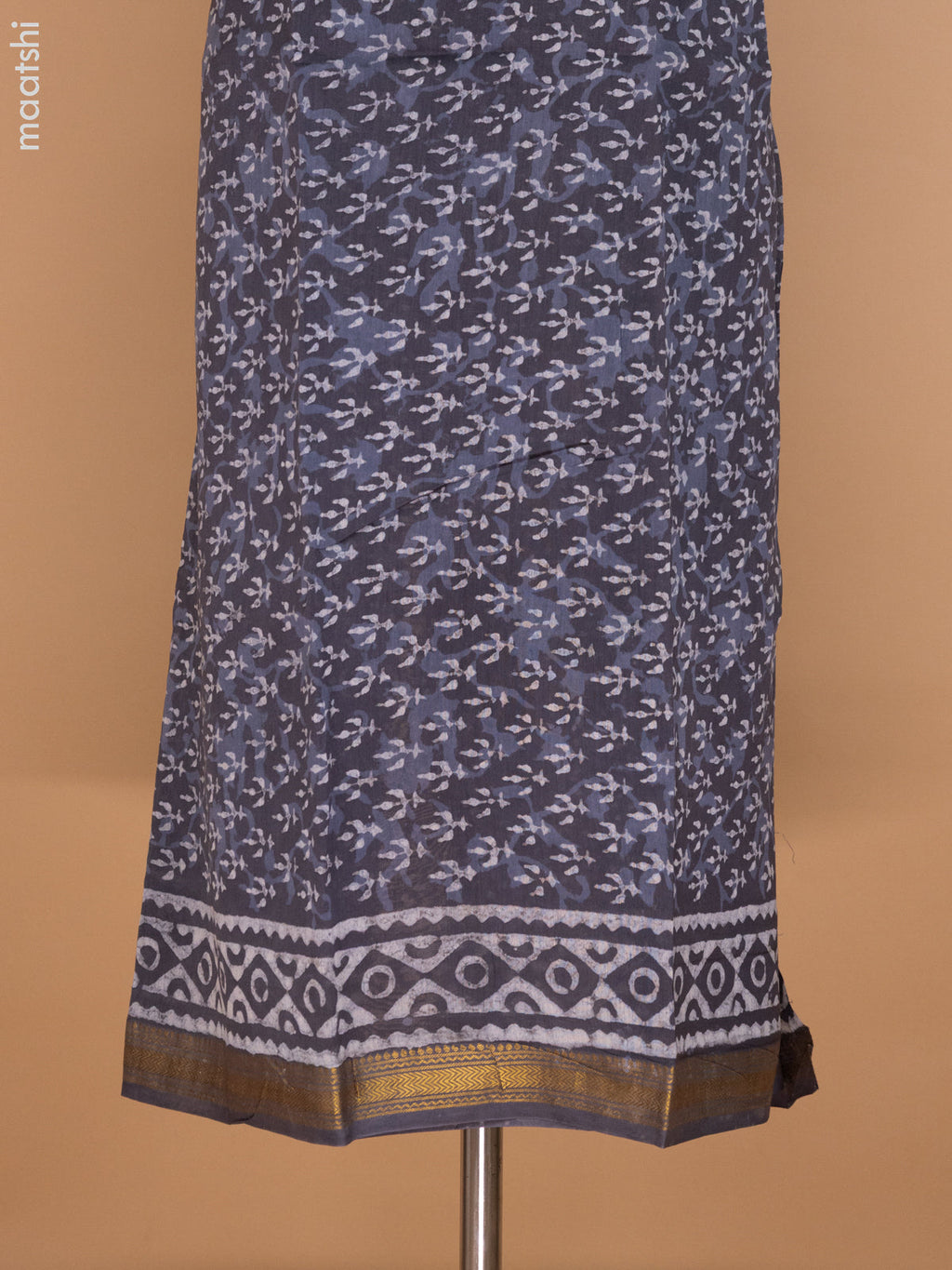Dark Grey Chanderi Dress Material With Allover Dabu Prints and Maheshwari Zari Border