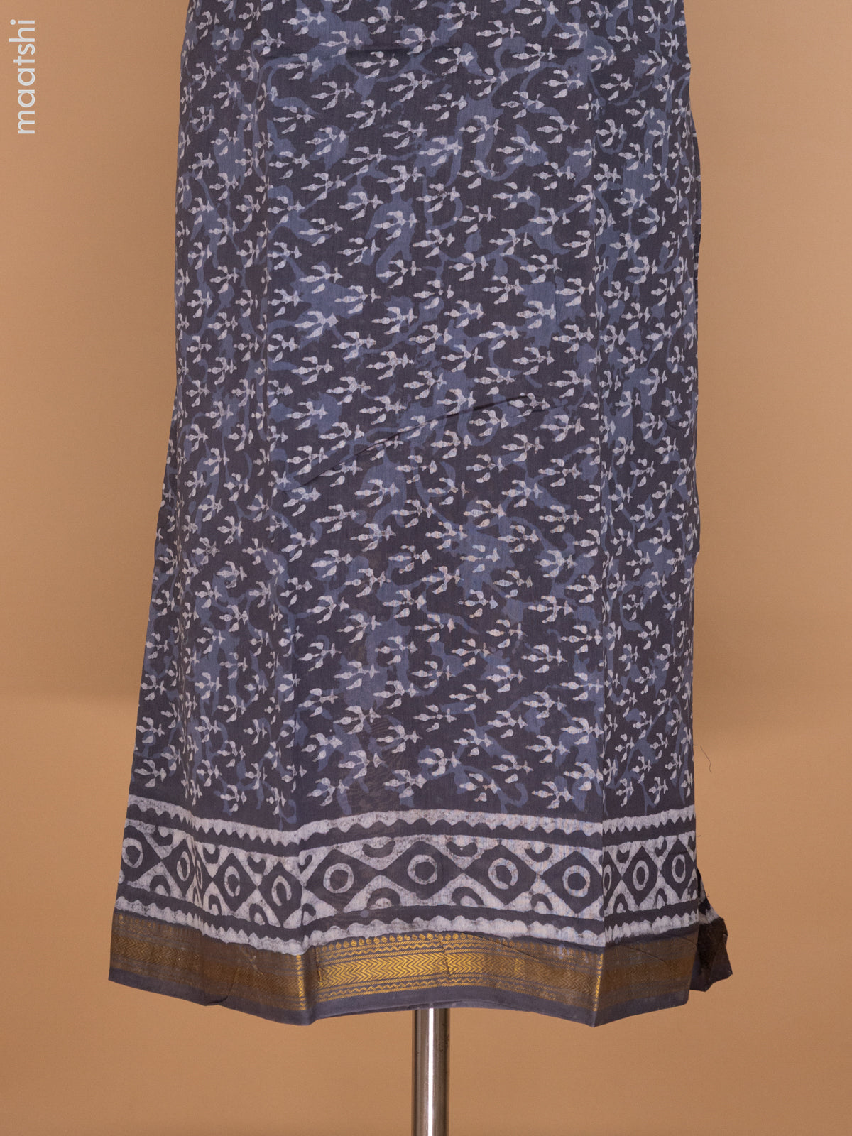 Dark Grey Chanderi Dress Material With Allover Dabu Prints and Maheshwari Zari Border